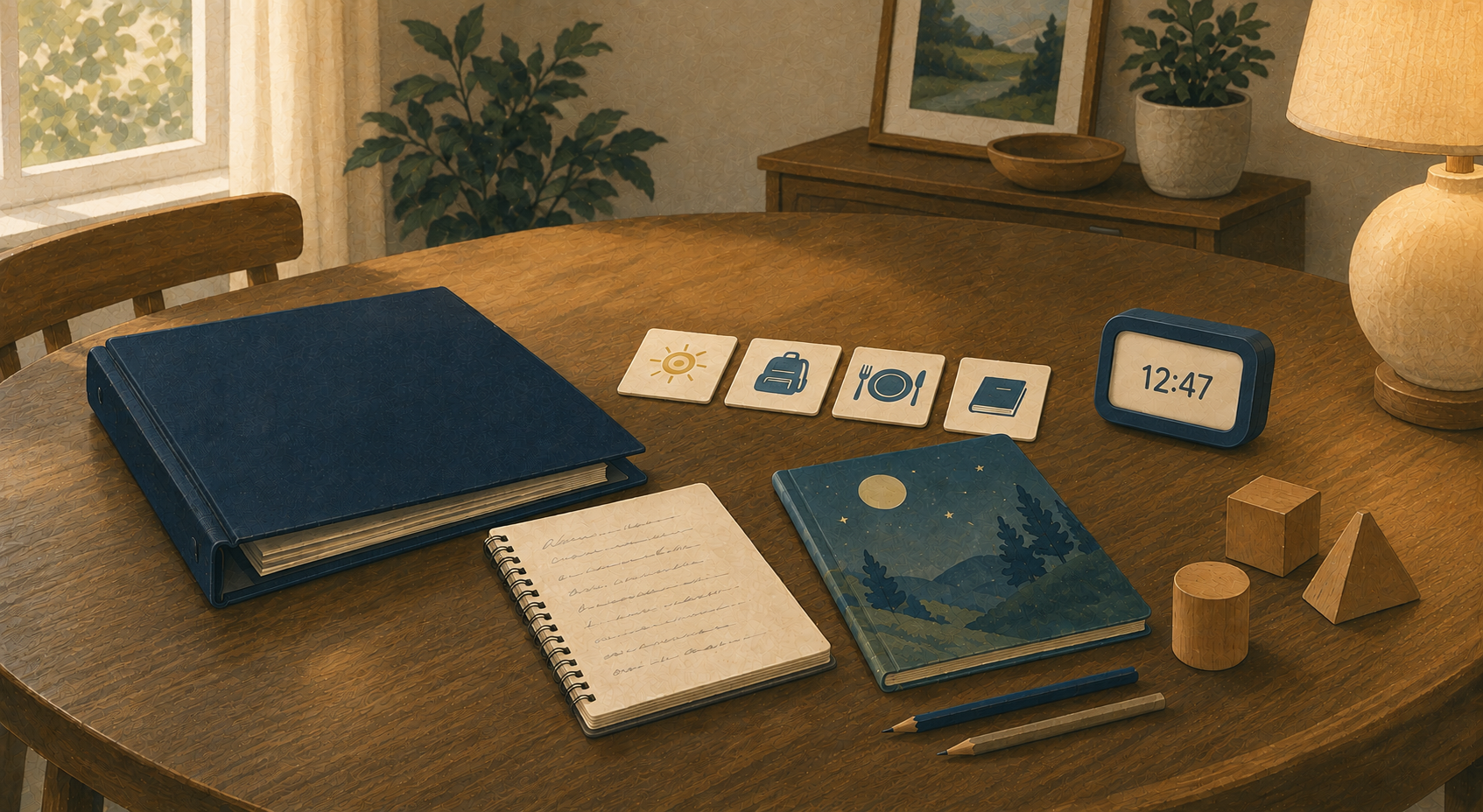 Illustrated BCBA materials prepared on a table in a family home