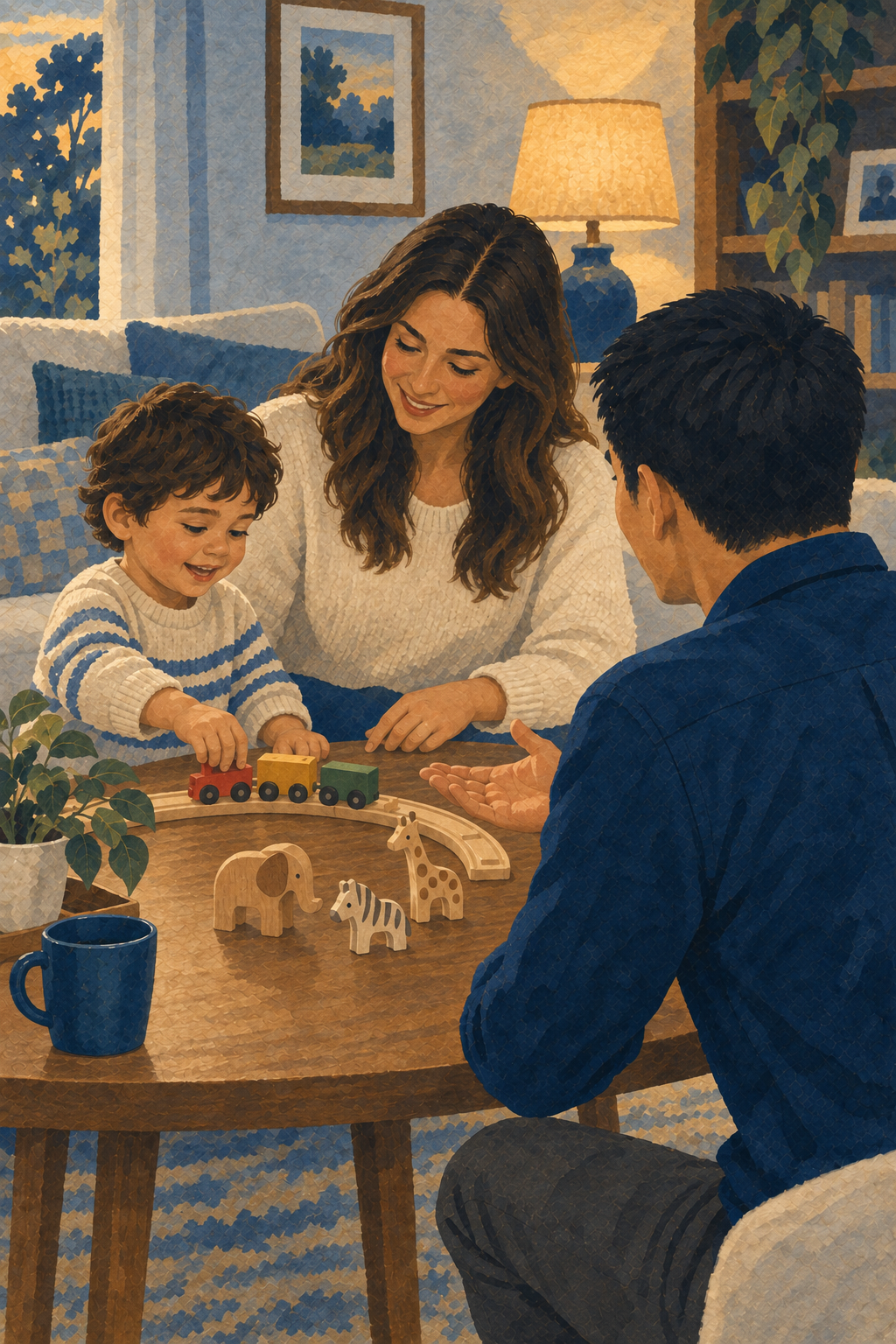 Illustrated parent and child practicing a play-based skill with guidance from their BCBA at home