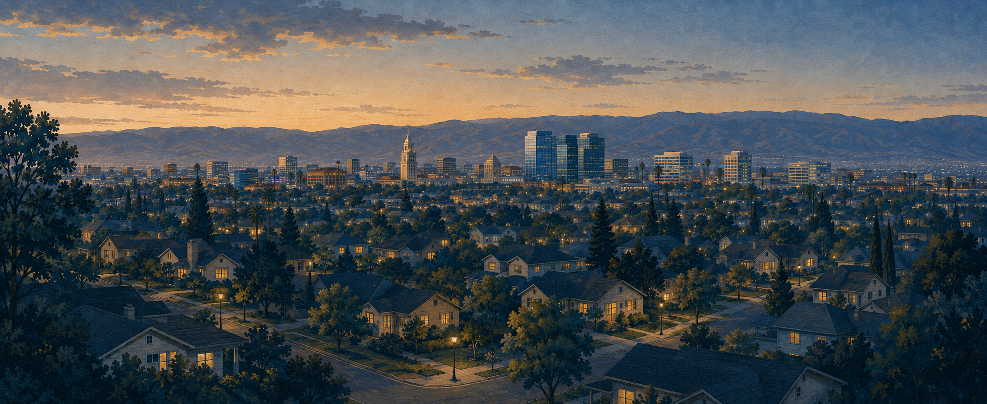 Illustrated view of San Jose neighborhoods, downtown, and surrounding foothills at dusk