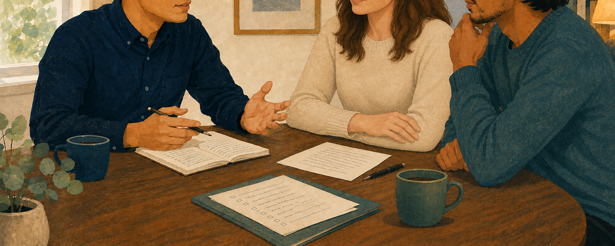 An illustrated family consultation around a shared table