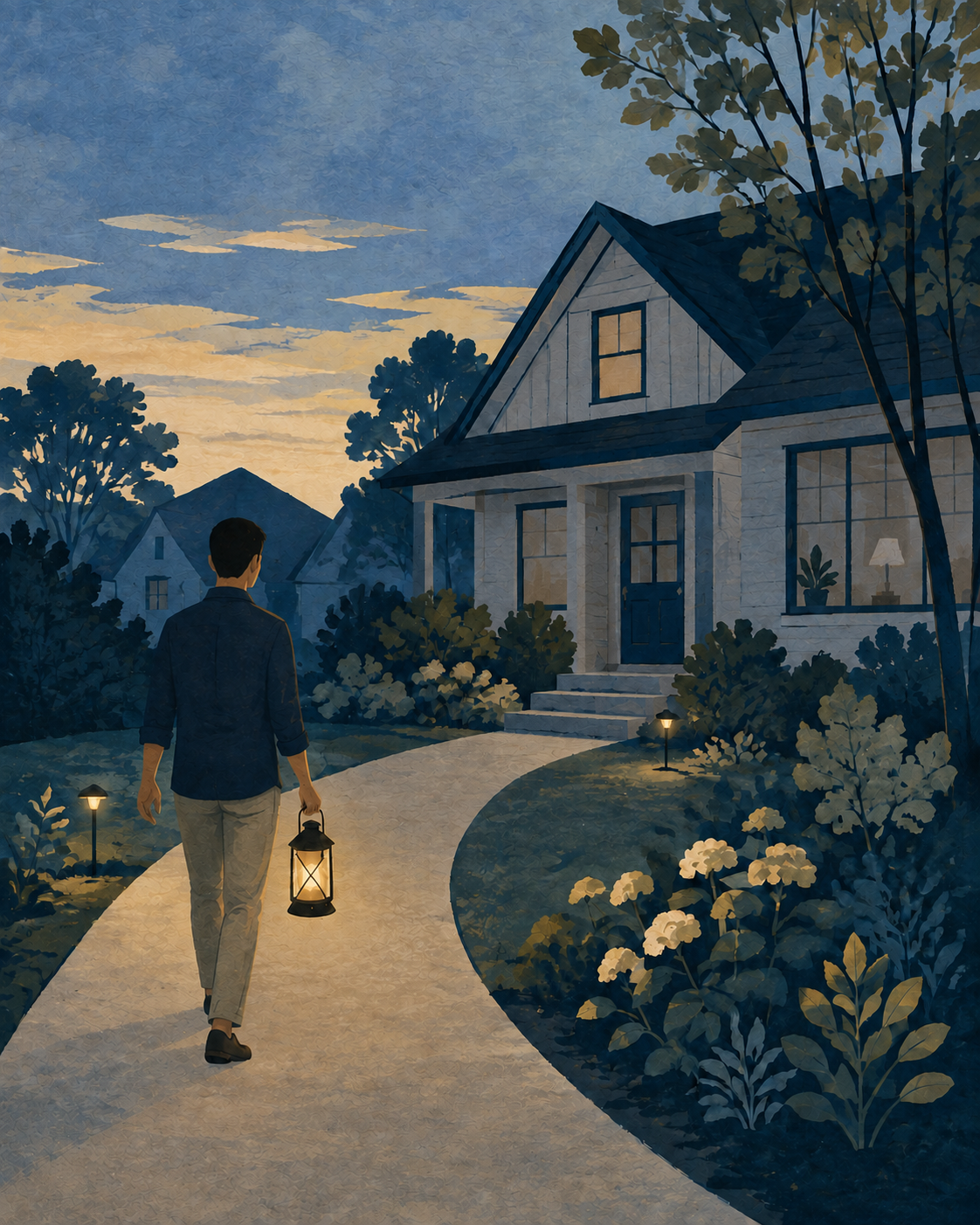 Illustration of a person carrying a glowing lantern toward a home at dusk