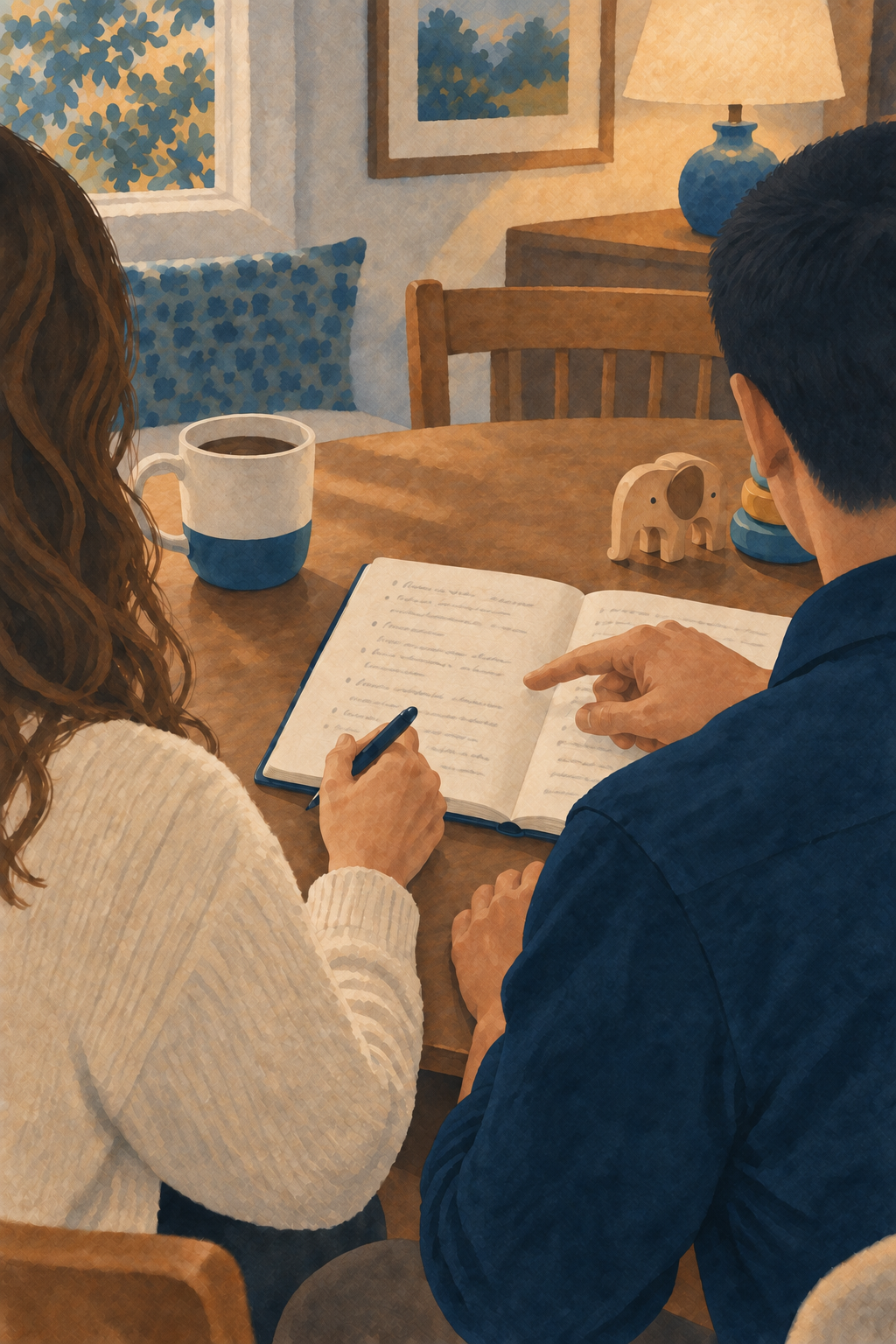 Painted scene of parents speaking with an ABA clinician during a consultation at home